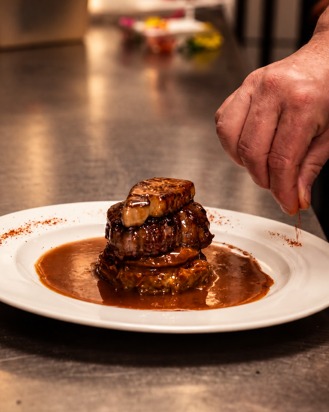 キッチンで Tournedos Rossini を仕上げる様子